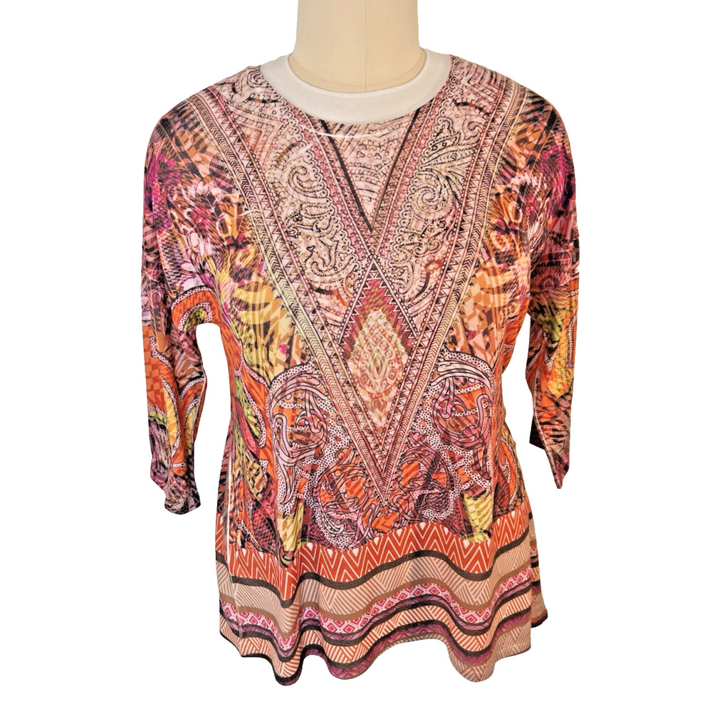 Christopher & Banks - Women's XL Tunic Blouse Beaded Print 3/4 Sleeve